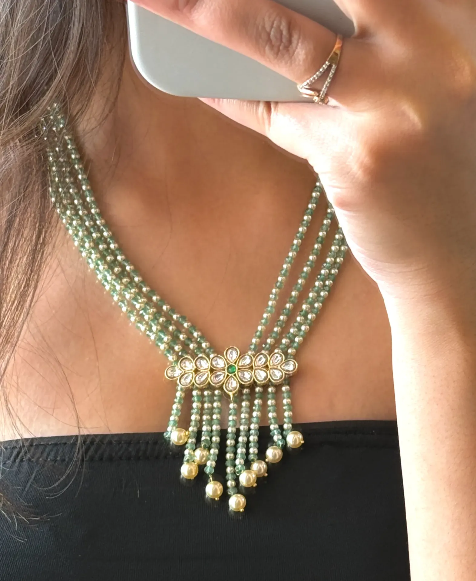 Vanika Jadau Green Bead Necklace