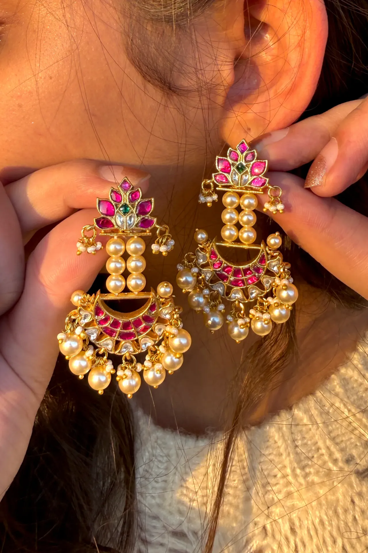 Ratnashree Ruby–Pearl Jadau Chandbali Earrings