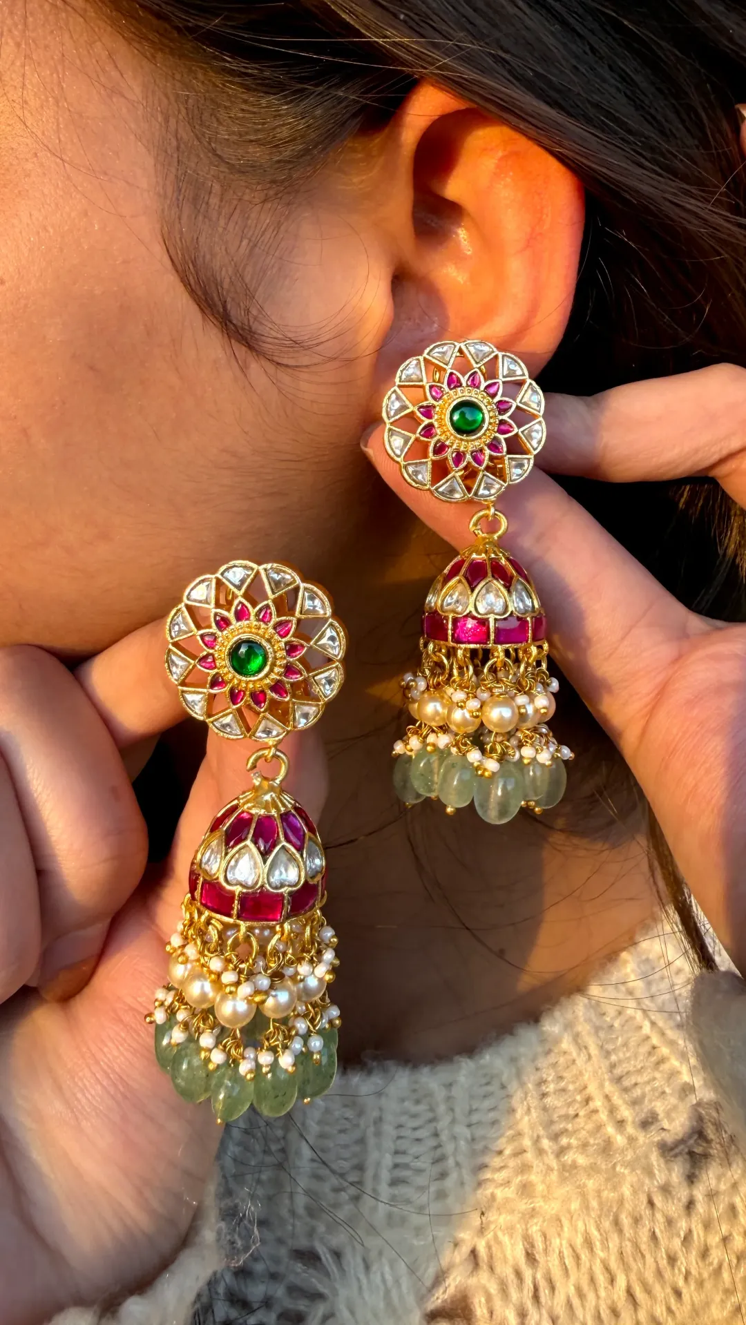 Pushpika Emerald Jadau Jhumkas