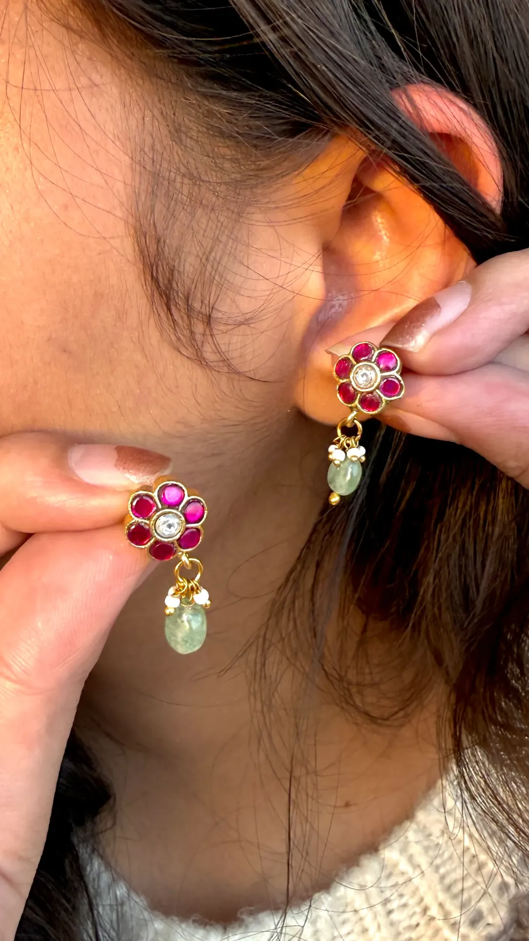 Kusumini Ruby Drop Jadau Studs